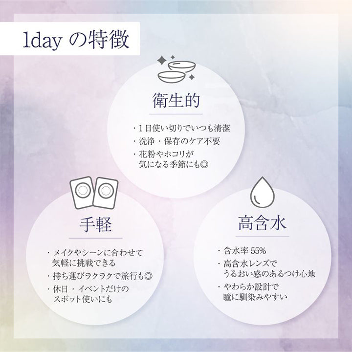 1dayの特徴, 衛生的：1日使いきりでいつも清潔。洗浄・保存のケア不要。花粉やホコリが気になる季節にも◎, 手軽：メイクやシーンに合わせて気軽に挑戦できる。持ち運びラクラクで旅行も◎。休日・イベントだけのスポット使いにも。, 高含水：含水率55%。高含水レンズでうるおい感のあるつけ心地。やわらか設計で瞳に馴染みやすい | 美少年画 ビショーネンガ Bishonenga 1day カラコン カラーコンタクト
