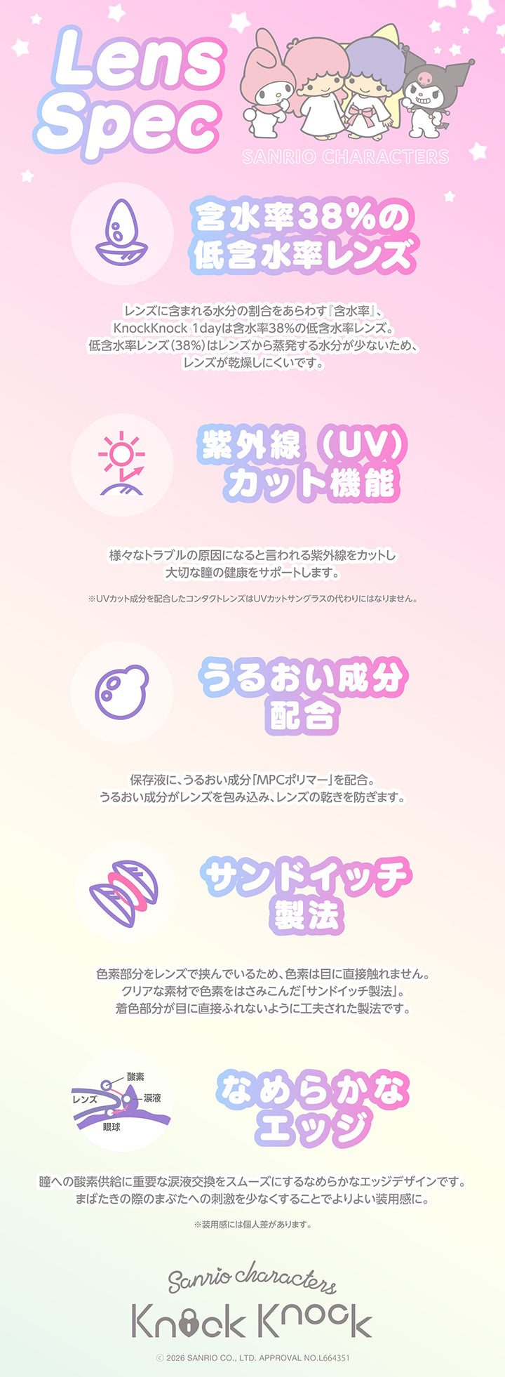 レンズスペック(Lens Spec),含水率38%の低含水率レンズ：レンズに含まれる水分の割合をあらわす『含水率』、KnockKnock 1dayは含水率38%の低含水率レンズ。低含水率レンズ(38%)はレンズから蒸発する水分が少ないため、レンズが乾燥しにくいです。,紫外線(UV) カット機能：様々なトラブルの原因になると言われる紫外線をカットし大切な瞳の健康をサポートします。※UVカット成分を配合したコンタクトレンズはUVカットサングラスの代わりにはなりません。,うるおい成分配合：保存液に、うるおい成分「MPCポリマー」を配合。うるおい成分がレンズを包み込み、レンズの乾きを防ぎます。,サンドイッチ製法：色素部分をレンズで挟んでいるため、色素は目に直接触れません。クリアな素材で色素をはさみこんだ「サンドイッチ製法」。着色部分が目に直接ふれないように工夫された製法です。,なめらかなエッジ：瞳への酸素供給に重要な涙液交換をスムーズにするなめらかなエッジデザインです。まばたきの際のまぶたへの刺激を少なくすることでよりよい装用感に。※装用感には個人差があります。,ノックノックワンデー×サンリオ