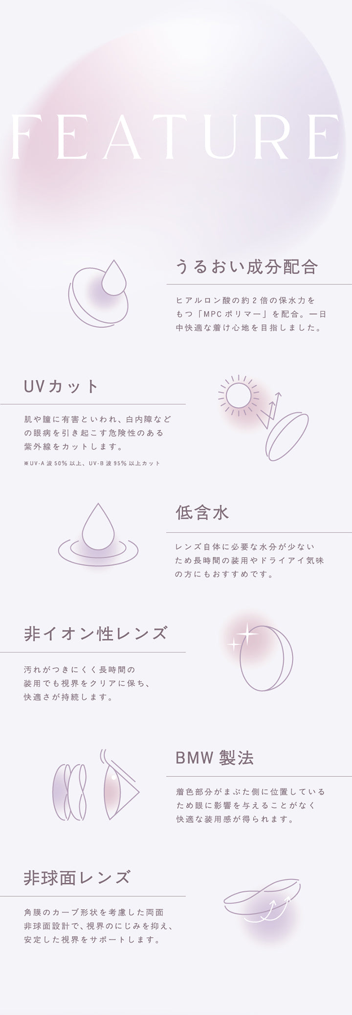 Feature,うるおい成分配合,ヒアルロン酸の約2倍の保水力をもつMpcポリマーを配合一日中快適な着け心地を目指しました,Uvカット,肌や瞳に有害といわれ白内障などの眼病を引き起こす危険性のある紫外線をカットします,Uv A波 50 以上 Uv B波 95 以上カット,低含水,レンズ自体に必要な水分が少ない ため長時間の装用やドライアイ気味 の方にもおすすめです,非イオン性レンズ,汚れがつきにくく長時間の装用でも視界をクリアに保ち快適さが持続します,Bmw 製法,着色部分がまぶた側に位置しているため眼に影響を与えることがなく快適な装用感が得られます,非球面レンズ,角膜のカーブ形状を考慮した両面非球面設計で 視界のにじみを抑え安定した視界をサポートします,|トパーズシリコーンハイドロゲル(TOPARDS SILICONE HYDROGEL) 1day カラコン カラーコンタクト