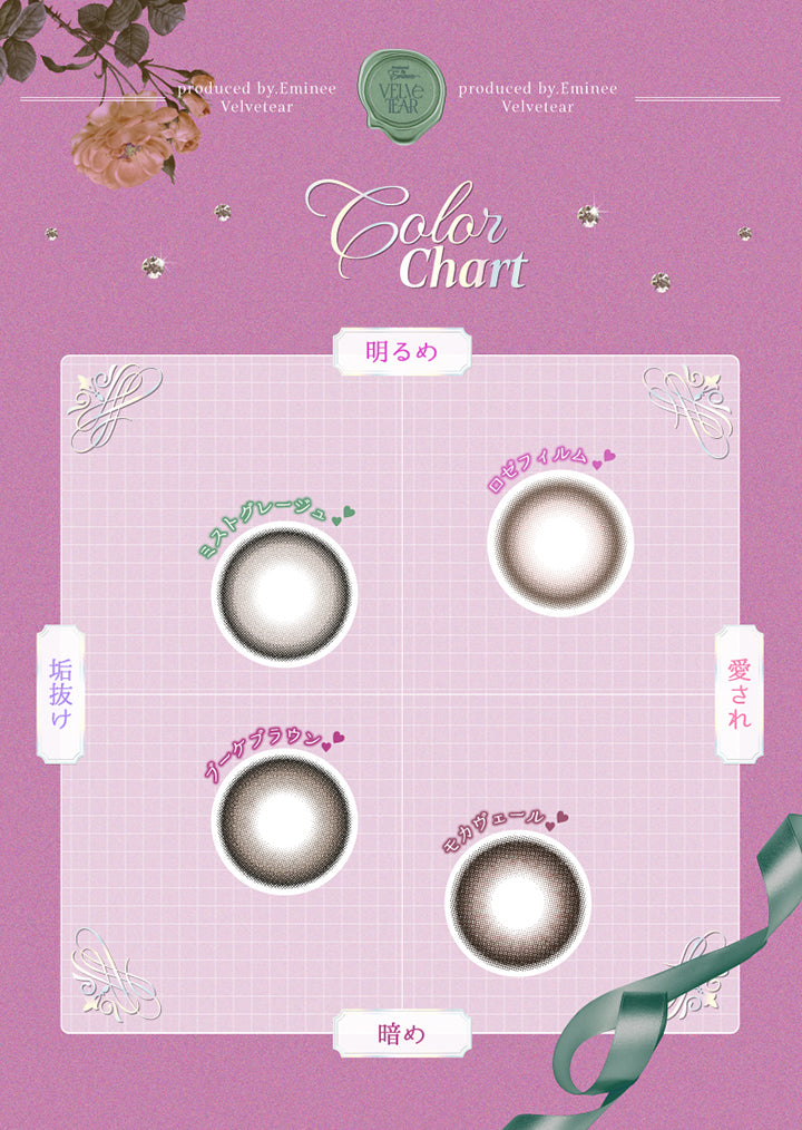 カラーチャート(Color Chart),Produced by えみ姉,明るめ × 垢抜け：ミストグレージュ(Mist Greige),明るめ × 愛され：ロゼフィルム(Rose Film),暗め × 垢抜け：ブーケブラウン(Bouquet Brown),暗め × 愛され：モカヴェール(Mocha Veil) | ヴェルヴェティア Velvetear 1day カラコン カラーコンタクト
