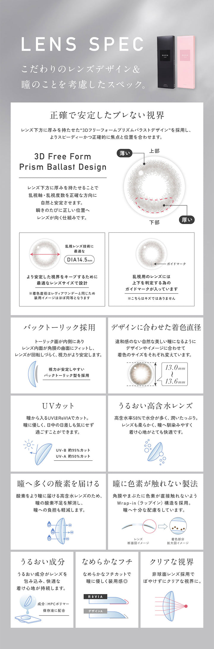 Lens Spec, こだわりのレンズデザイン＆瞳のことを考慮したスペック。, 正確で安定したブレない視界：レンズ下方に厚みを持たせた“3Dフリーフォームプリズムバラストデザイン”を採用し、よりスピーディーかつ正確的に焦点と位置を合わせます。, 乱視レンズ技術に最適なDIA14.5mm※着色直径はレヴィアワンデーと同じため装用イメージはほぼ同等となります。, 乱視用のレンズには上下を判定するためのガイドマークが入っています。こちらはキズではありません, バックトーリック採用：トーリック面が内側にありレンズ内面が角膜の局面にフィットし、レンズが回転しずらく、視力がより安定します。, デザインに合わせた着色直径, UVカット：瞳から入るUVはReVIAでカット。瞳に優しく、日中の日差しも気にせず過ごすことができます。, うるおい高含水レンズ：高含水率58%で水分が多く、潤いたっぷり。レンズも柔らかく、瞳へ馴染みやすく着け心地がとても快適です。, 瞳へ多くの酸素を届ける：酸素をより瞳に届ける高含水レンズのため、瞳の酸素不足を解消, 瞳に色素が触れない製法：角膜やまぶたに色素が直接触れないようラップイン構造を採用。,