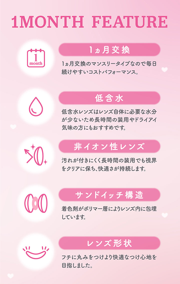 1 Month Feature, 1ヵ月交換, 1ヵ月交換のマンスリータイプなので毎日続けやすいコストパフォーマンス。, 低含水, 低含水レンズはレンズ自体に必要な水分が少ないため長時間の装用やドライアイ気味の方にもおすすめです。, 非イオン性レンズ, 汚れが付きにくく長時間の装用でも視界をクリアに保ち、快適さが持続します。, サンドイッチ構造, 着色剤がポリマー層によりレンズ内に包埋しています。, レンズ形状, フチに丸みをつけより快適なつけ心地を目指しました。 | ミレディワンマンス melady 1month カラコン カラーコンタクト
