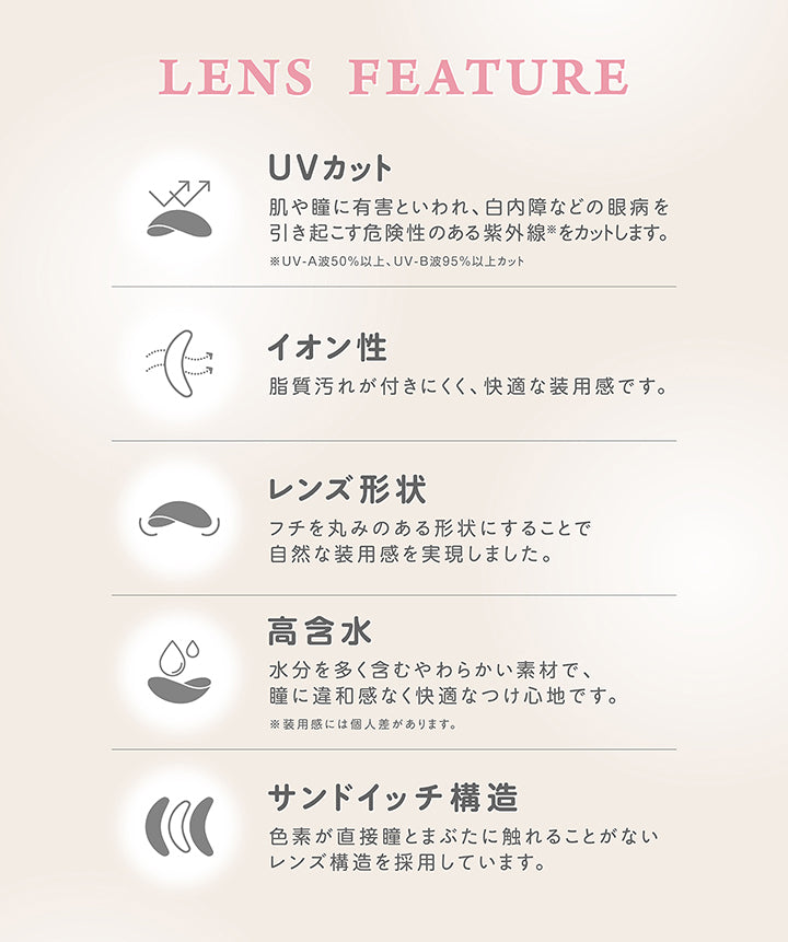 (スペック),Lens Feature,UVカット：肌や瞳に有害といわれ、白内障などの眼病を,引き起こす危険性のある紫外線※をカットします。※UV-A波50%以上、UV-B波95%以上カット,イオン性：脂質汚れが付きにくく、快適な装用感です。,レンズ形状：フチを丸みのある形状にすることで自然な装用感を実現しました。,高含水：水分を多く含むやわらかい素材で、瞳に違和感なく快適なつけ心地です。※装用感には個人差があります。,サンドイッチ構造：色素が直接瞳とまぶたに触れることがないレンズ構造を採用しています。 | モラクトーリック Molak toric 1day 乱視用カラコン カラーコンタクト
