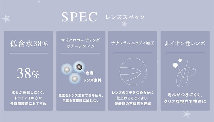 Spec レンズスペック, 低含水38% 水分が蒸発しにくく、ドライアイの方や長時間装用におすすめ, マイクロコーティングカラーシステム 色素をレンズ素材で包み込み、色素を直接瞳に触れさせない, ナチュラルエッジィ加工 レンズのフチをなめらかに仕上げることにより、装着時の不快感を軽減, 非イオン性レンズ 汚れが付きにくく、クリアな視界で快適に, 高度管理医療機器 販売名：MIワンデーレンズ, 承認番号：22500BZX00009000, 装用機関：1日使い捨て, 1箱入り枚数：10枚入り, 含水率：38%, BC：8.7mm, DIA：15.0mm, GDIA14.5/14.7mm| ウユワンデー Uyu 1DAY カラコン カラーコンタクト
