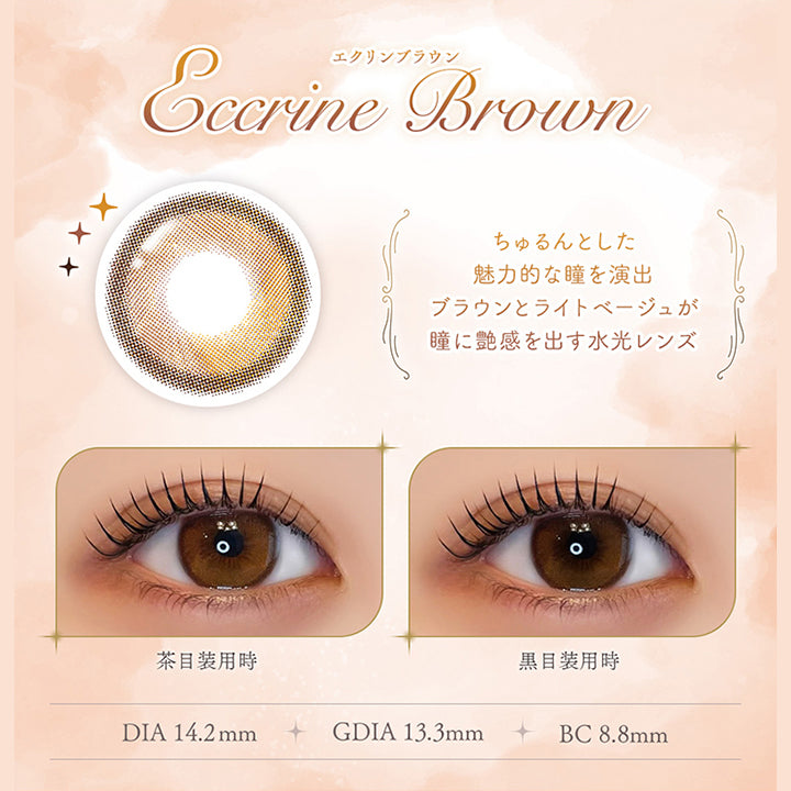 エクリンブラウン(Eccrine Brown), ちゅるんとした魅力的な瞳を演出。ブラウンとライトベージュが瞳に艶感を出す水光レンズ, 装用比較, DIA14.2mm, GDIA13.3mm, BC8.8mm | フェレーヌ ferenne 1day カラコン カラーコンタクト
