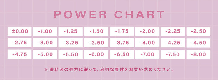 Power Chart,±0.00,-1.00,1.25,-1.50,-1.75,-2.00,-2.25,-2.50,-2.75,-3.00,-3.25,-3.50,-3.75,-4.00,-4.25,-4.50,-4.75,-5.00,-5.50,-6.00,-6.50,-7.00,-7.50,-8.00,※眼科医の処方に従って、適切な度数をお買い求めください。
 | シャルトンワンデー Charton 1day カラコン カラーコンタクト
