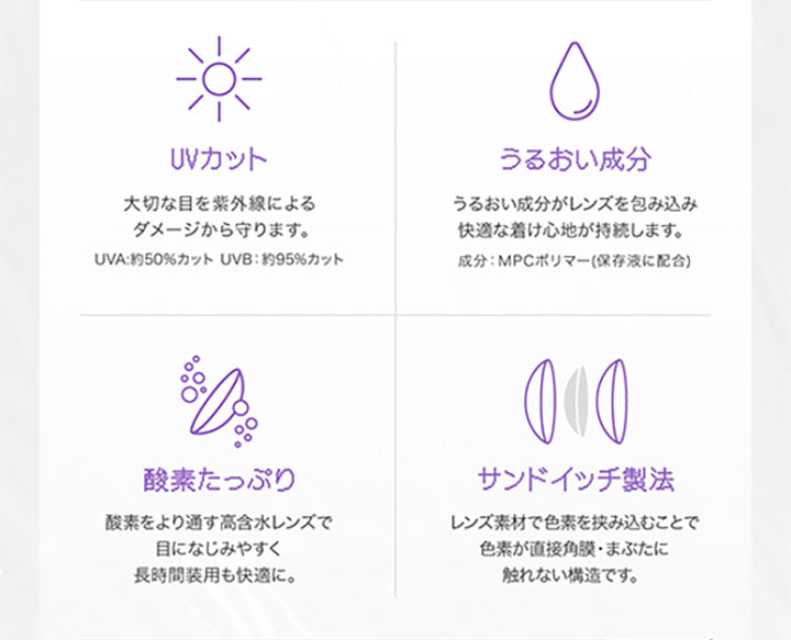 UVカット 大切な目を紫外線によるダメージから守ります。UVA約50%カット UVB約95%カット, うるおい成分 うるおい成分がレンズを包み込み快適なつけ心地が持続します。成分 MPCポリマー(保存駅に配合), 酸素たっぷり 酸素をより通す高含水レンズで目に馴染みやすく長時間装用も快適に。, サンドイッチ製法　レンズ素材で色素を挟み込むことで色素が直接角膜・まぶたに触れない構造です。| リアリア RIARIA 1day カラコン カラーコンタクト
