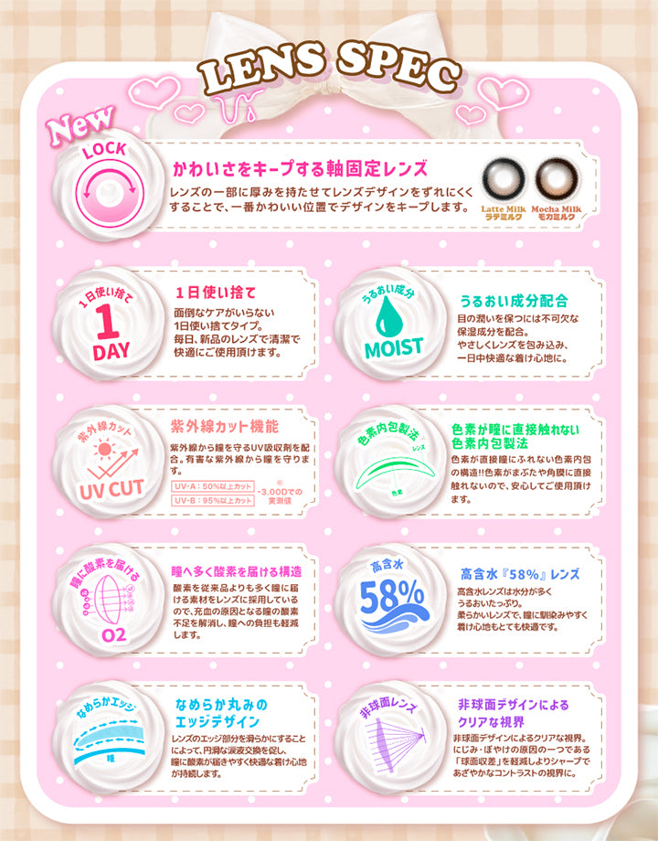一生モテコンワンデー(Isshomotecon 1Day)のレンズスペック,ラテミルクとモカミルクはかわいさをキープする軸固定レンズ：レンズの一部に厚みを持たせてレンズをずれにくくすることで、一番かわいい位置でデザインをキープします。,一日使い捨てワンデータイプ,うるおい成分配合,紫外線カット機能,色素が瞳に直接触れない色素内包製法,瞳へ多く酸素を届ける構造,高含水58%レンズ,なめらか丸みのエッジデザイン,非球面デザインによるクリアな視界 | 一生モテコンワンデー isshomotecon 1day 1day カラコン カラーコンタクト
