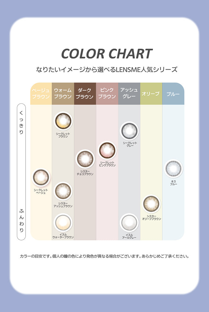 カラーチャート(Color Chart),なりたいイメージから選べるレンズミー人気シリーズ,ベージュブラウン：シークレットベージュ(Secret Beige),ウォームブラウン：シークレットブラウン(Secret Brown) シスターアッシュブラウン(Sistar Ash Brown) イスルウォーターブラウン(Isul Water Brown),ダークブラウン：シスターチョコブラウン(Sistar Choco Brown),ピンクブラウン：シークレットピンクブラウン(Secret Pink Brown),アッシュグレー：シークレットグレー(Secret Gray) イスルアールグレー(Isul Earl Gray),オリーブ：シスターオリーブブラウン(Sistar Olive Brown),ブルー：キスブルー(Kiss Blue),カラーの目安です。個人の瞳の色により発色が異なる場合がございます。あらかじめご了承ください。 | オマイオバイレンズミー Omyo By Lensme montyly カラコン カラーコンタクト
