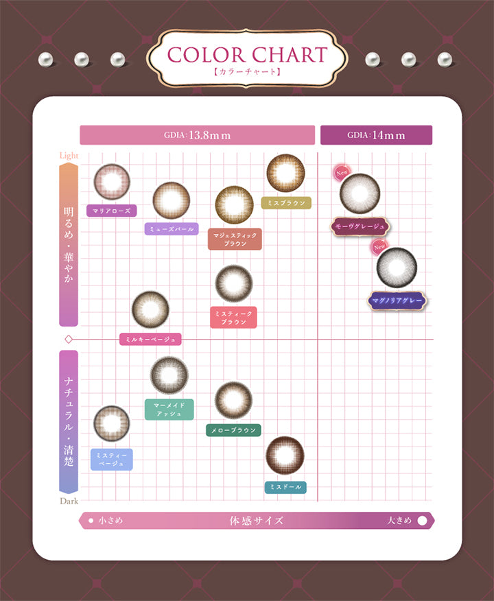 Color Chart カラーチャート, GDIA13.8mm × 明るめ・華やか マリアローズ ミューズパール マジェスティックブラウン ミスブラウン, ミルキーベージュ ミスティークブラウン, GDIA14mm × 明るめ モーヴグレージュ マグノリアグレー, GDIA13.8mm × ナチュラル・清楚 ミスティーベージュ マーメイドアッシュ メローブラウン ミスドール, ※体感サイズ小さめから大きめ|マジェット Majette 1day カラコン カラーコンタクト
