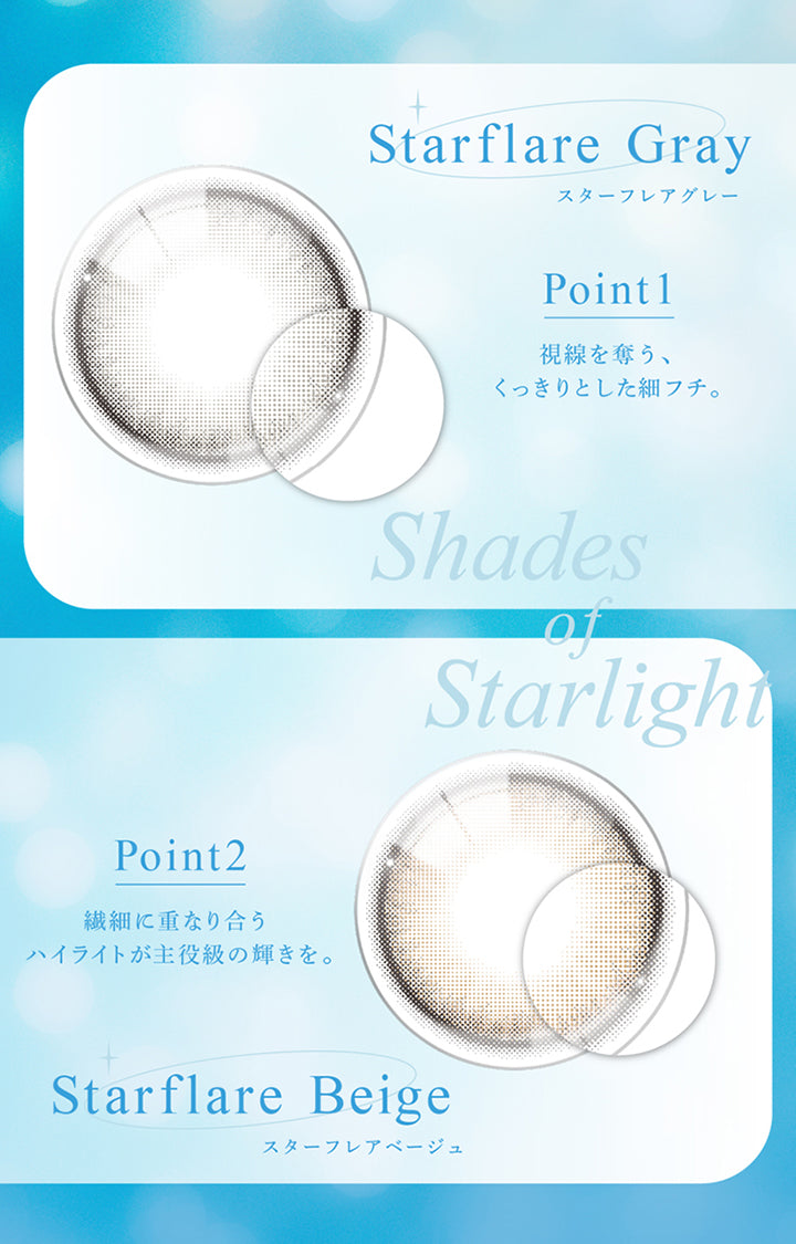 Starflare Gray, スターフレアグレー, Point 1, 視線を奪う、くっきりとした細フチ。, Shades, Starlight, Point2, 繊細に重なり合うハイライトが主役級の輝きを。, Starflare Beige, スターフレアベージュ | eyestar アイスター 1day カラコン カラーコンタクト
