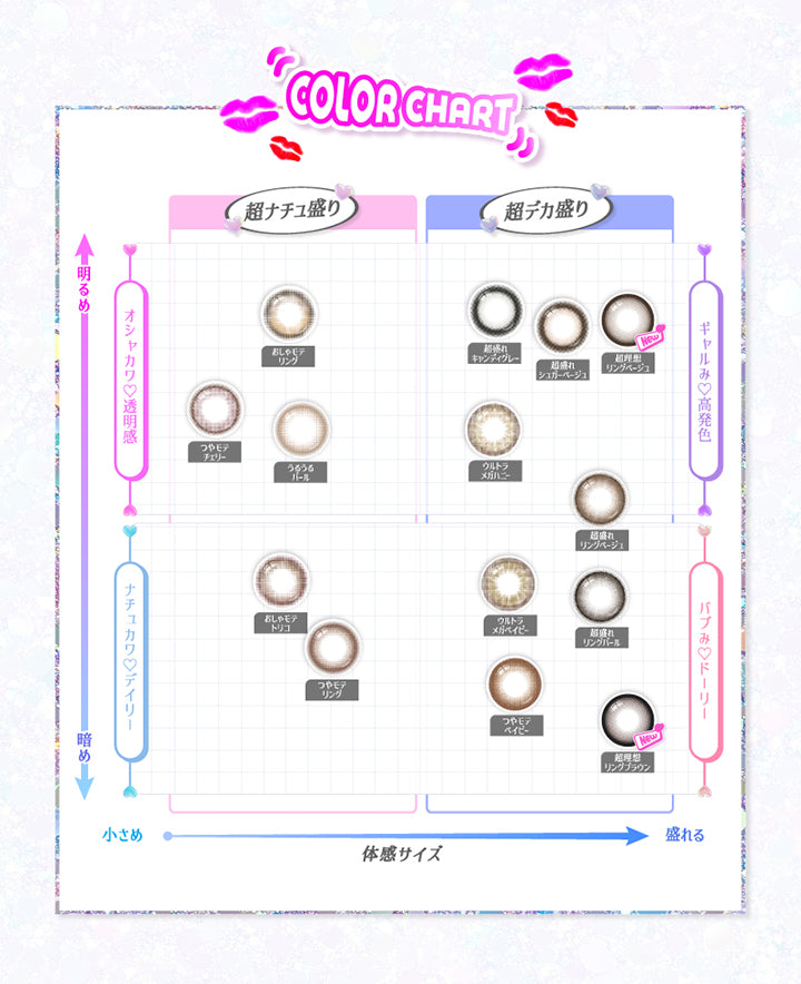 (カラーチャート)Color Chart,【オシャカワ透明感(明るめ × 超ナチュ盛り)】,おしゃモテリング(osha mote ring),つやモテチェリー(tsuya mote cherry),うるうるパール(uruuru pearl),【ナチュカワ♡デイリー(暗め × 超ナチュ盛り)】,おしゃモテトリコ(osha mote trico),つやモテリング(tsuya mote ring),【ギャルみ♡高発色(超デカ盛り × 明るめ)】,超盛れキャンディグレー(chomore candy gray),超盛れシュガーベージュ(chomore sugar beige),超理想リングベージュ(Cho Riso Ring Beige),ウルトラメガハニー(ultra mega honey),超盛れリングベージュ(chomore ring beige),【バブみ♡ドーリー(超デカ盛り × 暗め)】,ウルトラメガベイビー(ultra mega baby),超盛れリングパール(chomore ring pearl),つやモテベイビー(tsuya mote baby),超理想リングブラウン(Cho Riso Ring Br