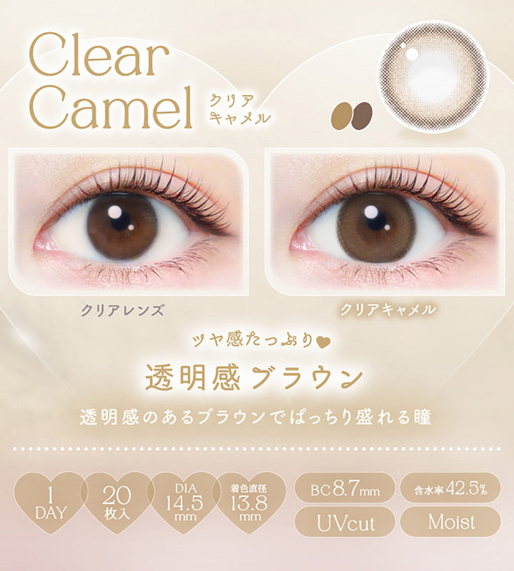 Clear Camel, クリアキャメル, クリアレンズ, クリアキャメル, ツヤ感たっぷり♥透明感ブラウン, 透明感のあるブラウンでぱっちり盛れる瞳, 1day, 20枚入り, DIA14.5mm, 着色直径13.8mm, BC8.7mm, 含水率42.5%, UVcut, Moist | エバーカラーワンデーナチュラル Ever Color 1day Natural 1day カラコン カラーコンタクト
