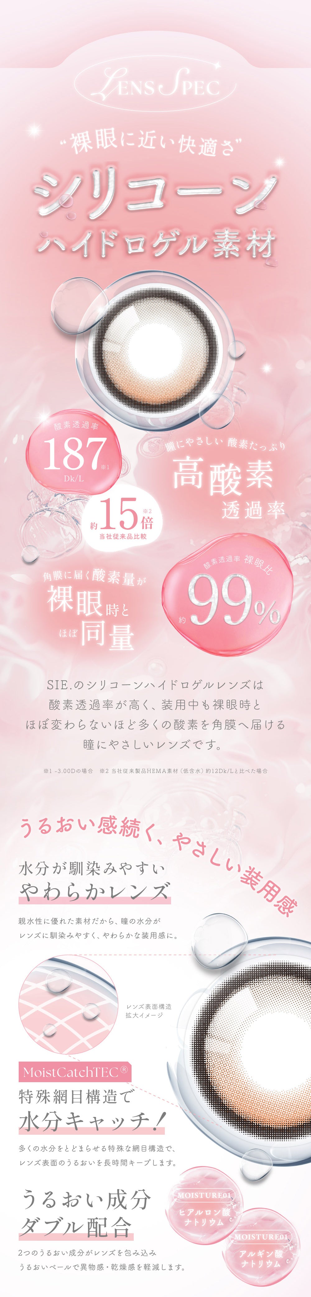 レンズスペック(Lens Spec),裸眼に近い快適さのシリコーンハイドロゲル素材,瞳にやさしい 酸素たっぷり,酸素透過率187Dk/L 当社従来製品Hema素材(低含水)約12Dk/Lと比べた場合約15倍 ※-3.00Dの場合,角膜に届く酸素量が裸眼時とほぼ同量,酸素透過率裸眼比約99%,Sie.のシリコーンハイドロゲルレンズは酸素透過率が高く、装用中も裸眼時とほぼ変わらないほど多くの酸素を角膜へ届ける瞳にやさしいレンズです。 | シーワンマンス Sie.1Month カラコン カラーコンタクト