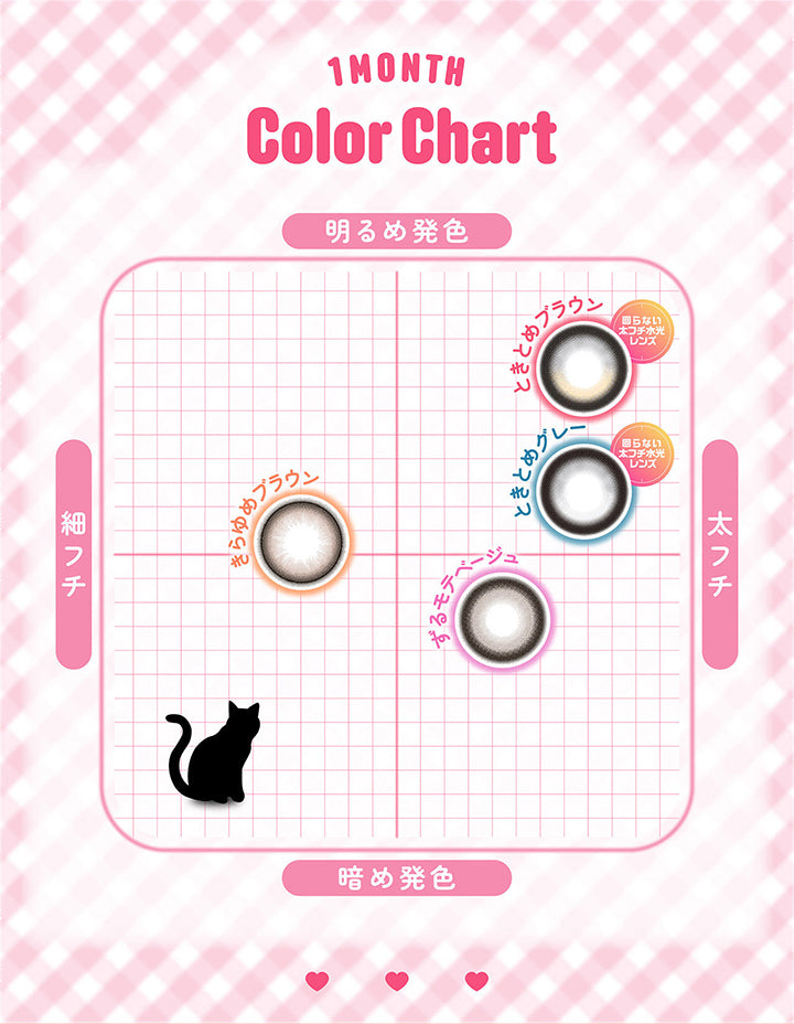 1Month,Color Chart,細フチ,明るめ発色,太フチ,ときとめブラウン,回らない太フチ水光レンズ,ときとめグレー,回らない太フチ水光レンズ,暗め発色,細フチ,きらゆめブラウン,ずるモテベージュ|シャプン(Chapun) 1month カラコン カラーコンタクト
