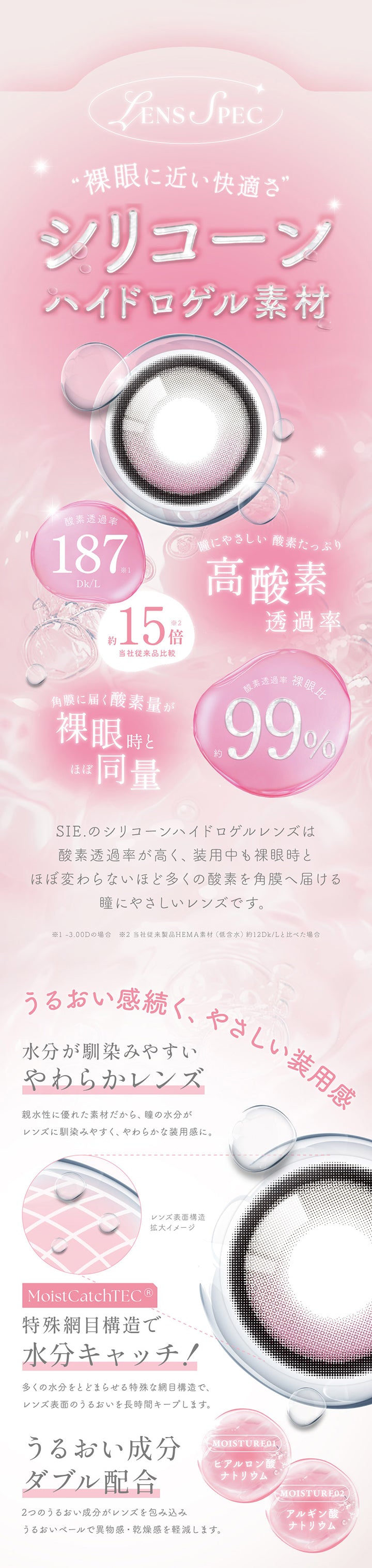レンズスペック(Lens Spec),裸眼に近い快適さのシリコーンハイドロゲル素材,瞳にやさしい 酸素たっぷり,酸素透過率187Dk/L 当社従来製品Hema素材(低含水)約12Dk/Lと比べた場合約15倍 ※-3.00Dの場合,角膜に届く酸素量が裸眼時とほぼ同量,酸素透過率裸眼比約99%,Sie.のシリコーンハイドロゲルレンズは酸素透過率が高く、装用中も裸眼時とほぼ変わらないほど多くの酸素を角膜へ届ける瞳にやさしいレンズです。 | シーワンデー Sie.1Day カラコン カラーコンタクト