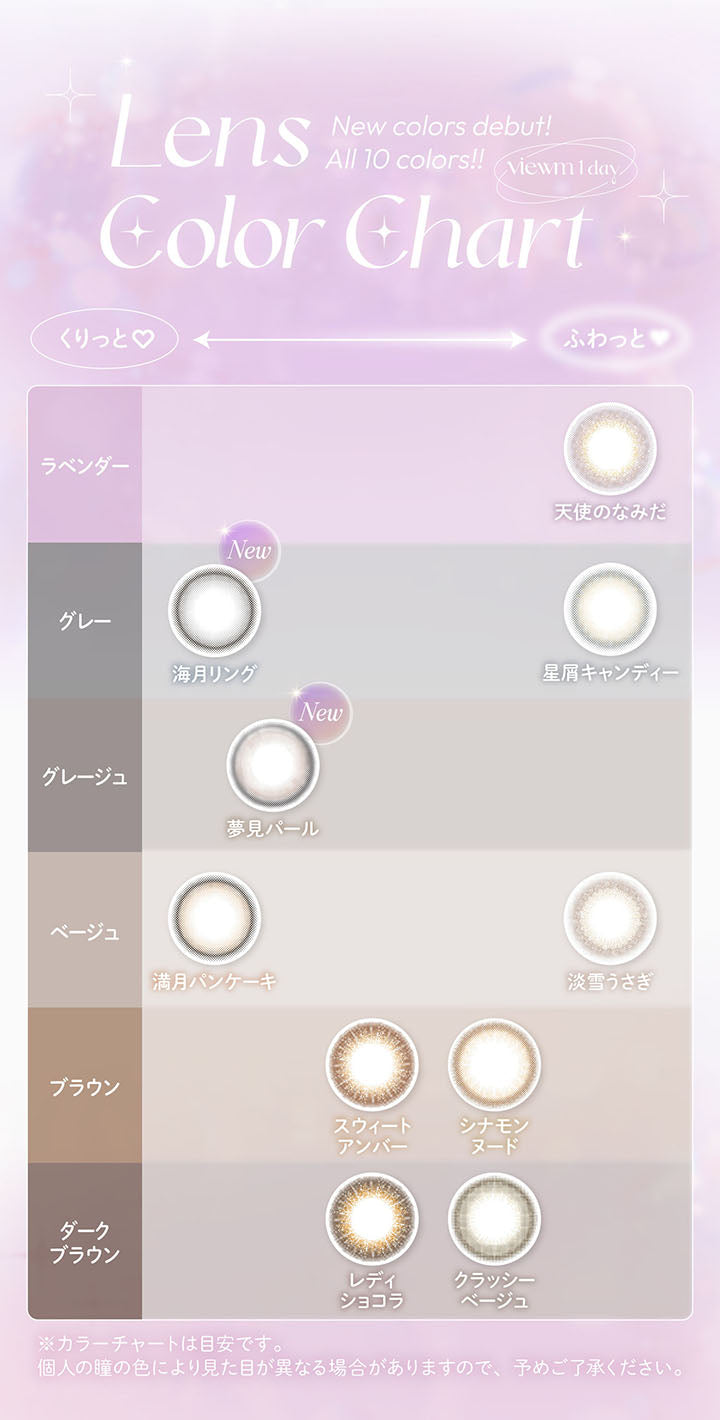 viewm 1day, Lens Color Chart, New colors debut!, All 10 colors !!, くりっと♡, ふわっと♥, ラベンダー, 天使のなみだ, グレー, new, 海月リング, 星屑キャンディー, グレージュ, new, 夢見パール, ベージュ, 満月パンケーキ, 淡雪うさぎ, ブラウン, スウィートアンバー, シナモンヌード, ダークブラウン, レディショコラ, クラッシーベージュ, ※カラーチャートは目安です。, 個人の瞳の色により見た目が異なる場合がありますので、予めご了承ください。 | ビュームワンデー Viewm 1day カラコン カラーコンタクト
