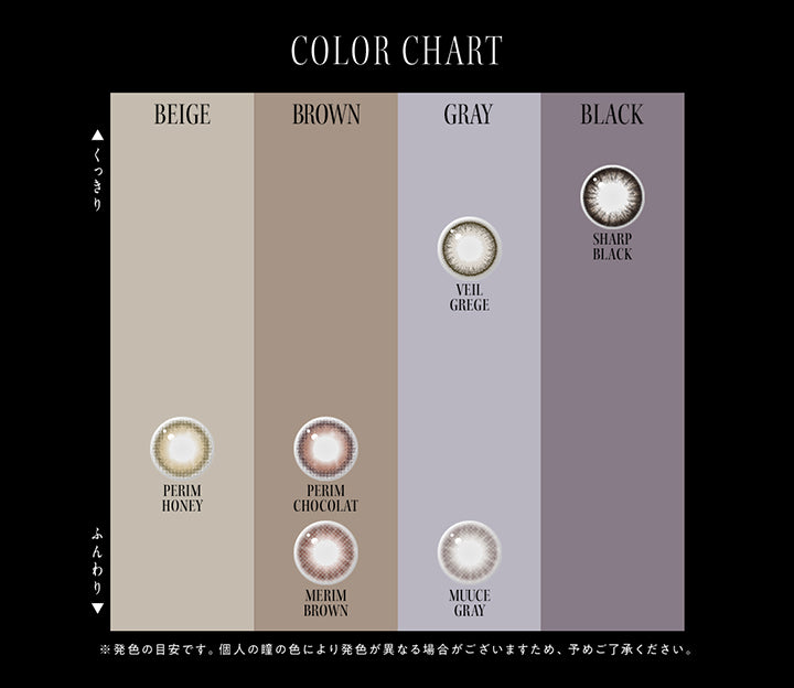 (カラーチャート)Color Chart,メリムブラウン(Merim Brown) ふんわりブラウン,メリムグレー(Merim Gray) ふんわりグレー,ペリムハニー(Perim Honey) ふんわりベージュ,ペリムショコラ(Perim Chocolat) ふんわりブラウン,シャープブラック(Sharp Black) くっきりブラック,ヴェールグレージュ(Veil Grege) くっきりグレー,※発色の目安です。個人の瞳の色により発色が異なる場合がございますたえ、予めご了承ください。 | アンヴィワンマンス envie 1month カラコン カラーコンタクト
