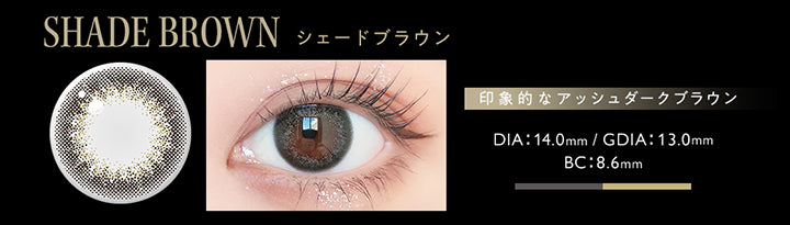 シェードブラウン(Shade Brown),印象的なアッシュダークブラウン,DIA14.0mm,GDIA13.0mm,BC8.6mm | アンヴィ envie 1day カラコン カラーコンタクト

