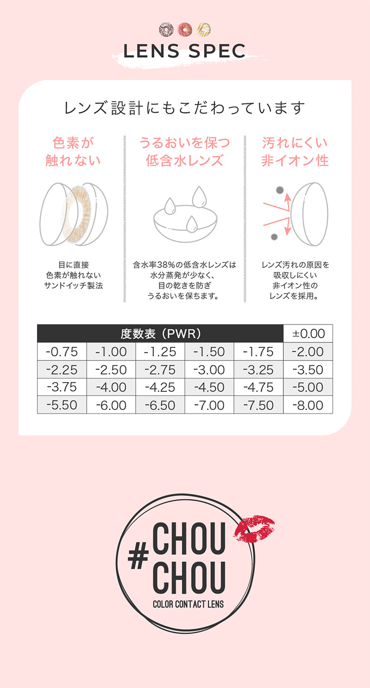 レンズスペック(Lens Spec),レンズ設計にもこだわっています,色素が触れない：目に直接色素が触れないサンドイッチ製法,うるおいを保つ低含水レンズ：含水率38％の低含水レンズは水分蒸発が少なく、眼の乾きを防ぎ、潤いを保ちます。,汚れにくい非イオン性：レンズ汚れの原因を吸収しにくい非イオン性のレンズを採用。,度数表(PWR):±0.00 -0.75 -1.00 -1.25 -1.50 -1.75 -2.00 -2.25 -2.50 -2.75 -3.00 -3.25 -3.50 -3.75 -4.00 -4.25 -4.50 -4.75 -5.00 -5.50 -6.00 -6.50 -7.00 -7.50 -8.00 | チュチュワンデー chouchou 1day カラコン カラーコンタクト
