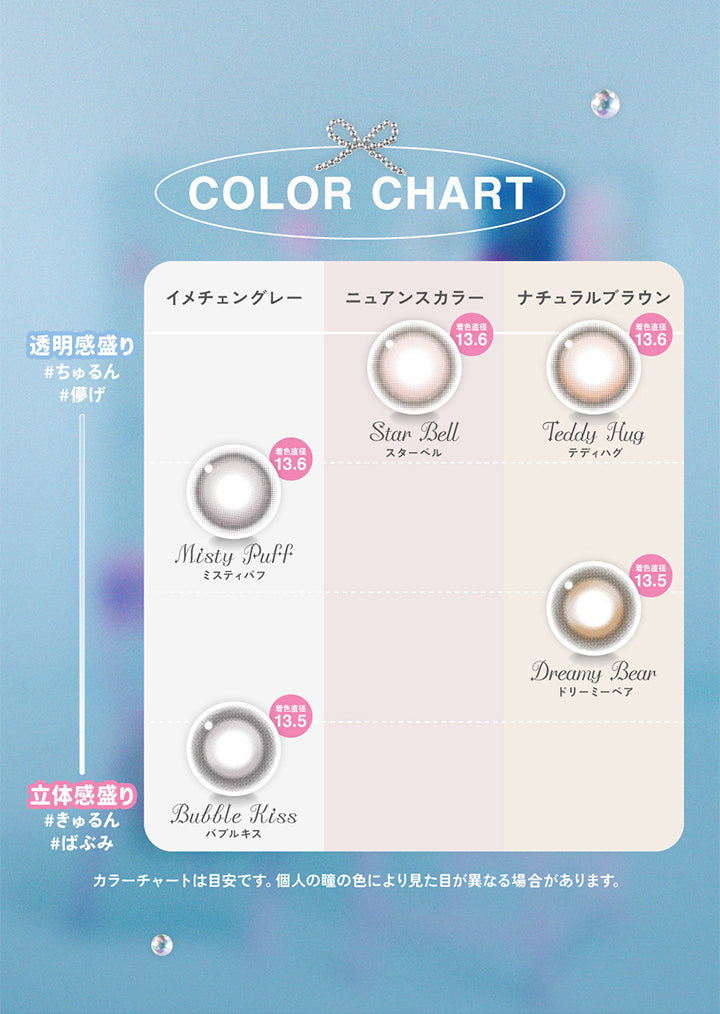 Color chart, 透明感盛り ちゅるん 儚げ, イメチェングレー, Misty Puff ミスティパフ 着色直径13.6, ニュアンスカラー, Star Bell スターベル 着色直径13.6, ナチュラルブラウン, Teddy Hug テディハグ 着色直径13.6, 立体感盛り きゅるん ばぶみ, イメチェングレー, Bubble Kiss バブルキス 着色直径13.5, ナチュラルブラウン, Dreamy Bear ドリーミーベア 着色直径13.5 | LilMe リルミィ 1day カラコン カラーコンタクト
