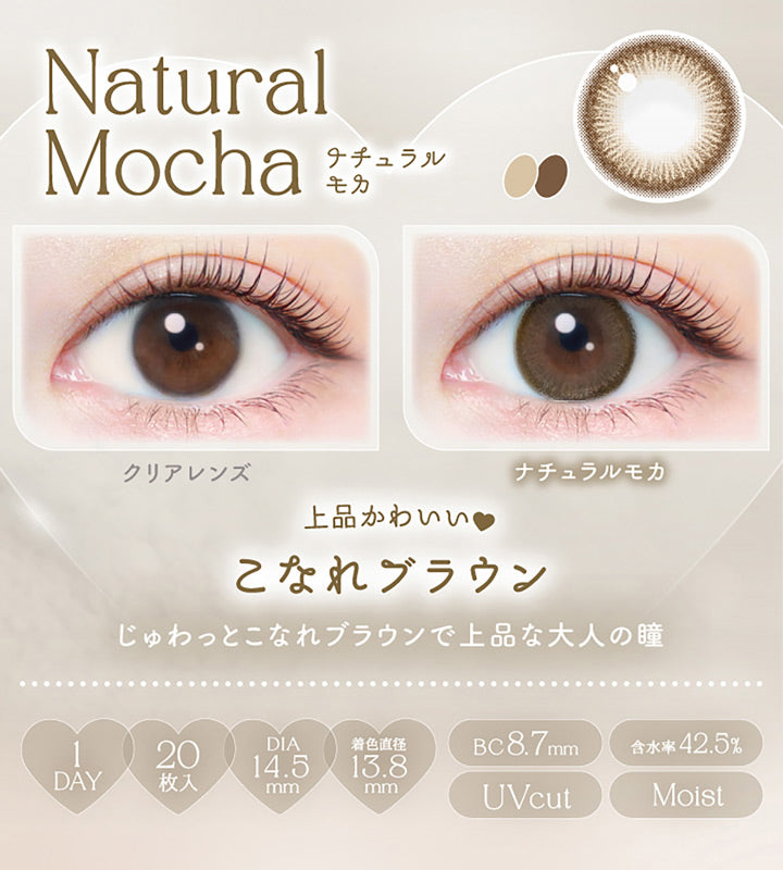 Natural Mocha, ナチュラルモカ, クリアレンズ, ナチュラルモカ, 上品かわいい♥こなれブラウン, じゅわっとこなれブラウンで上品な大人の瞳, 1day, 20枚入り, DIA14.5mm, 着色直径13.8mm, BC8.7mm, 含水率42.5%, UVcut, Moist | エバーカラーワンデーナチュラル Ever Color 1day Natural 1day カラコン カラーコンタクト
