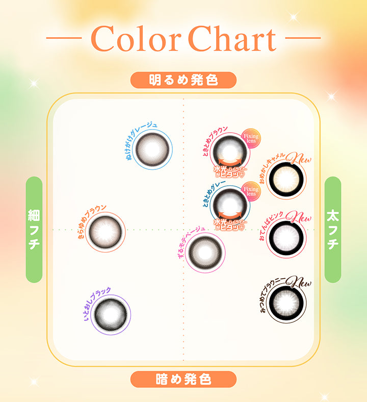 Color Chart, 明るめ発色 × 細フチ, ぬけがけグレージュ, 明るめ発色 × 太フチ, ときとめブラウン(水光ハイライトがピタッ♡Fixing lens), ときとめグレー(水光ハイライトがピタッ♡Fixing lens), New おめかしキャメル, 暗め発色 × 細フチ, いとおしブラック, 暗め発色 × 太フチ, New おてんばピンク, ずるモテベージュ, New みつめてブラウニー | シャプン Chapun 1day カラコン カラーコンタクト
