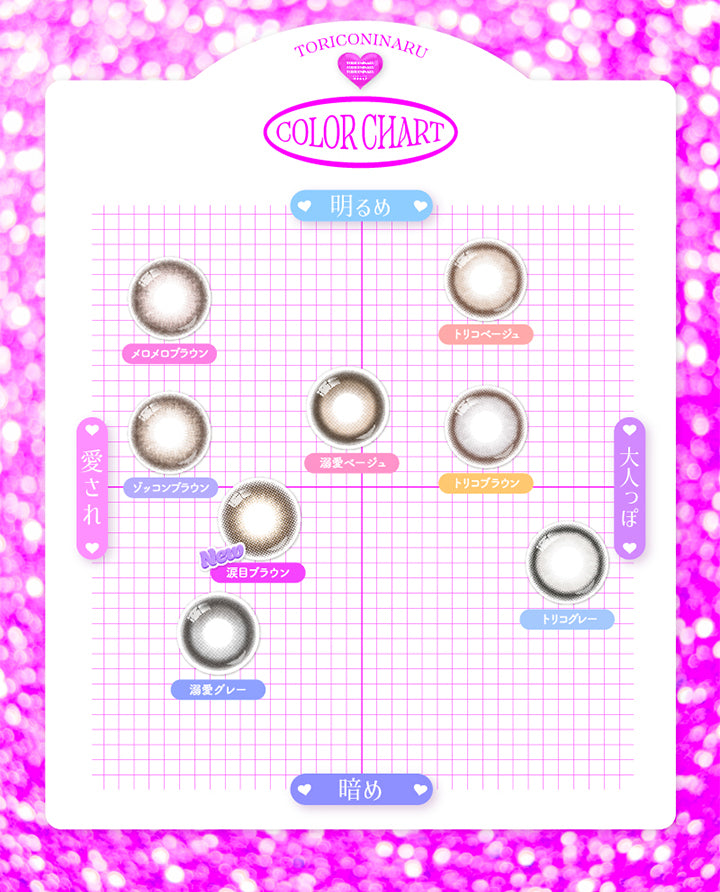 Color chart トリコニナル(Toriconinaru), 明るめ × 愛され, メロメロブラウン、ゾッコンブラウン、溺愛ベージュ, 明るめ × 大人っぽ, トリコベージュ、トリコブラウン, 暗め × 愛され, 涙目ブラウン、溺愛グレー, 暗め × 大人っぽ, トリコグレー | トリコニナル Toriconinaru 1day カラコン カラーコンタクト
