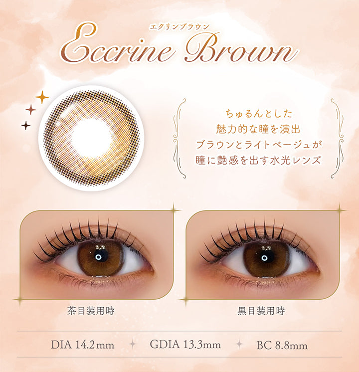 エクリンブラウン(Eccrine Brown), ちゅるんとした魅力的な瞳を演出。ブラウンとライトベージュが瞳に艶感を出す水光レンズ, 装用比較, DIA14.2mm, GDIA13.3mm, BC8.8mm | フェレーヌ ferenne 1day カラコン カラーコンタクト
