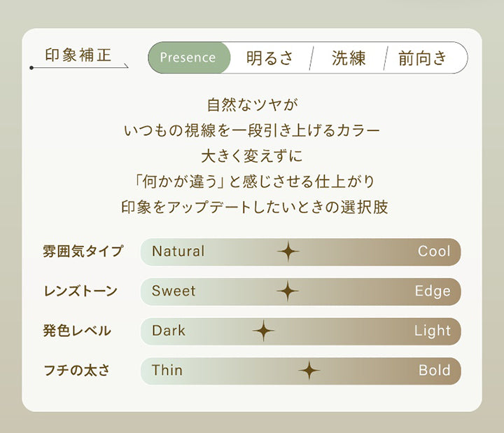 アップデートグロウ(Update Grow),印象補正,Presence：明るさ 洗練 前向き,自然なツヤが、いつもの視線を一段引き上げるカラー。,大きく変えずに「何かが違う」と感じさせる仕上がり。,印象をアップデートしたいときの選択肢。,雰囲気タイプ：ややナチュラル,レンズトーン：やや甘め,発色レベル：ややダーク,フチの太さ：中間 | ハイディ Haidey 1day カラコン カラーコンタクト
