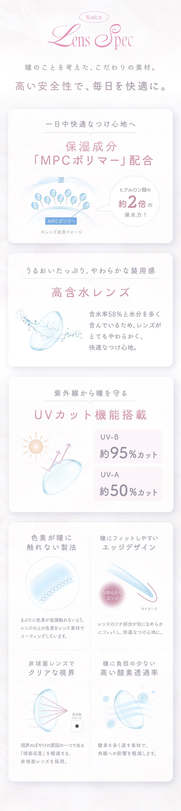 レンズスペック(Lens Spec),瞳のことを考えた、こだわりの素材。高い安全性で、毎日を快適に。,保湿成分「MPCポリマー」配合で一日中快適な着け心地へ,高含水レンズだからうるおいたっぷり、やわらかな装用感,紫外線から瞳を守るUVカット機能搭載,色素が瞳に触れない製法,瞳にフィットしやすいエッジデザイン,非球面レンズでクリアな視界,瞳に負担の少ない高い酸素透過率 | カイカ Kaica 1day カラコン カラーコンタクト
