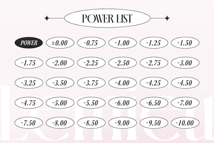 Power list： ±0.00 -0.75 -1.50 -1.75 -2.00 -2.25 -2.50 -2.75 -3.00 -3.25 -3.50 -3.75 -4.00 -4.25 -4.50 -4.75 -5.00 -5.50 -6.00 -6.50 -7.00 -7.50 -8.00 -8.50 -9.00 -9.50-10.00 | ルミュー Lemieu 1day カラコン カラーコンタクト

