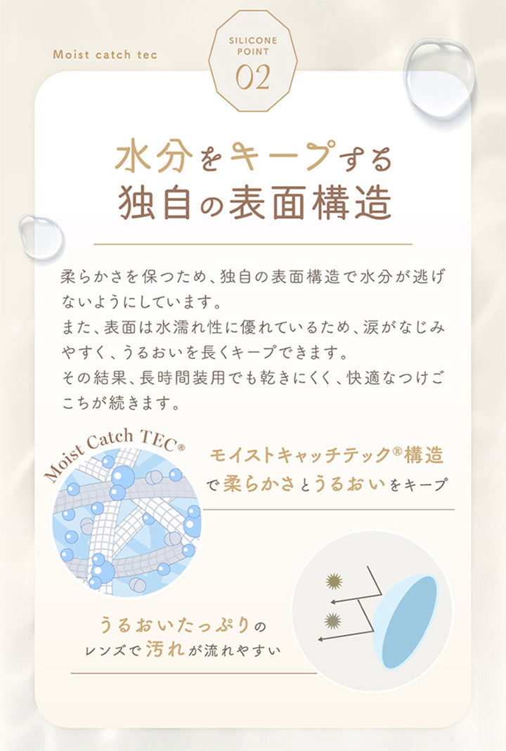 特徴2,水分をキープする独自の表面構造,柔らかさを保つため、独自の表面構造で水分が逃げないようにしています。また、表面は水濡れ性に優れているため、涙がなじみやすく、うるおいを長くキープできます。その結果、長時間装用でも乾きにくく、快適なつけごこちが続きます。,モイストキャッチテック®構造で柔らかさとうるおいをキープ。うるおいたっぷりのレンズで汚れが流れやすい。 | アンローラ Unrolla 1day refrear カラコン カラーコンタクト
