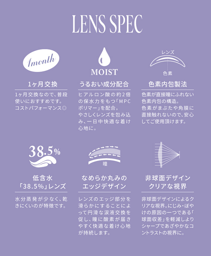 (レンズスペック)Lens Spec,1か月交換：1か月交換なので、普段遣いにおすすめです。コストパフォーマンス◎,うるおい成分配合：ヒアルロン酸の約2倍の保水力をもつ「MPCポリマー」を配合。優しくレンズを包み込み、1日中快適なつけ心地に。,色素内包製法：色素が直接瞳に触れない色素内包の構造。色素が瞼や角膜に直接触れないので、安心してご使用いただけます。,低含水「38.5%」レンズ：水分蒸発が少なく、乾きにくいのが特徴です。,なめらか丸みのエッジデザイン：レンズのエッジ部分を滑らかにすることによって円滑な涙液交換を促し、瞳に酸素が届きやすく快適なつけ心地が持続します。,非球面デザインでクリアな視界：非球面デザインによるクリアな視界。にじみ・ぼやけの原因の一つである「球面収差」を軽減し、よりシャープであざやかなコントラストの視界に。 | スウィートワンマンス ラディリス Sweet 1 Month Radiris monthly カラコン カラーコンタクト
