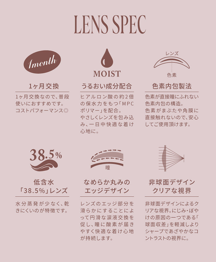 レンズスペック(Lens Spec),1か月交換：1か月交換なので、普段遣いにおすすめです。コストパフォーマンス◎,うるおい成分配合：ヒアルロン酸の約2倍の保水力をもつ「MPCポリマー」を配合。優しくレンズを包み込み、1日中快適なつけ心地に。,色素内包製法：色素が直接瞳に触れない色素内包の構造。色素が瞼や角膜に直接触れないので、安心してご使用いただけます。,低含水「38.5%」レンズ：水分蒸発が少なく、乾きにくいのが特徴です。,なめらか丸みのエッジデザイン：レンズのエッジ部分を滑らかにすることによって円滑な涙液交換を促し、瞳に酸素が届きやすく快適なつけ心地が持続します。,非球面デザインでクリアな視界：非球面デザインによるクリアな視界。にじみ・ぼやけの原因の一つである「球面収差」を軽減し、よりシャープであざやかなコントラストの視界に。 | スウィートワンマンス メビラージュ Sweet 1Month Mevilage Monthly カラコン カラーコンタクト
