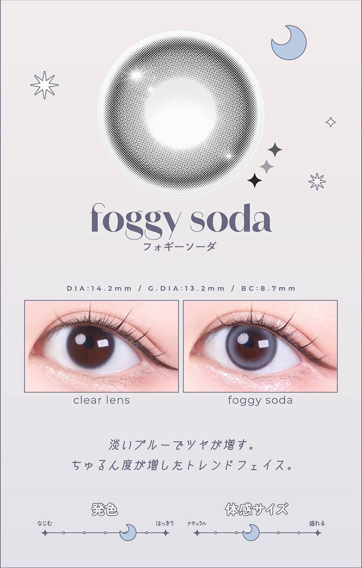 フォギーソーダ(foggy soda) DIA14.2mm GDIA13.2mm BC8.7mm,装用比較,淡いプルーでツヤが増す。,ちゅるん度が増したトレンドフェイス。,はっきり発色 体感サイズナチュラル | ロミュ rom'u 1day カラコン カラーコンタクト
