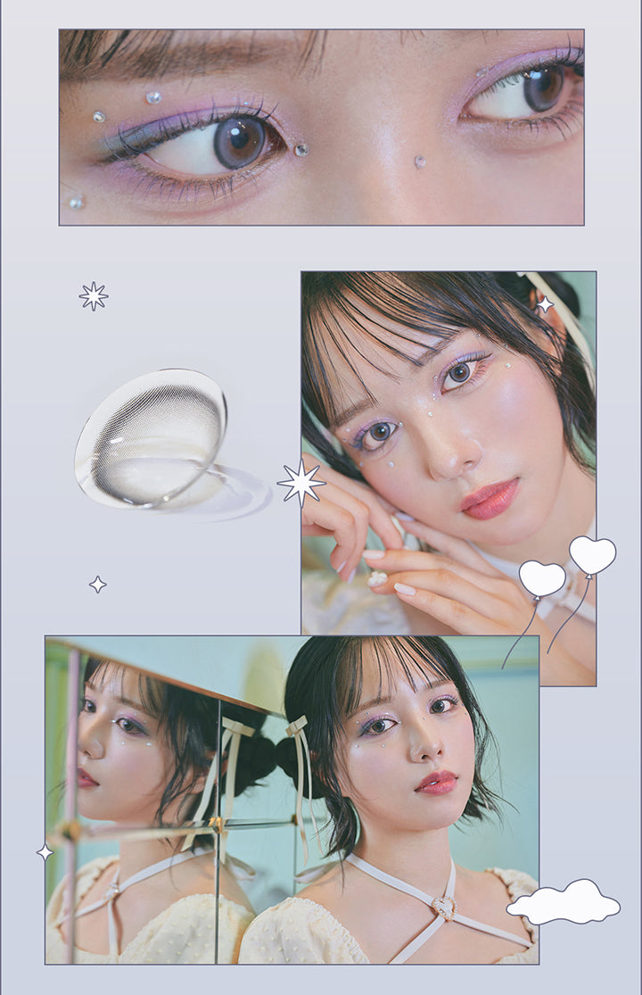 foggy soda, フォギーソーダ, DIA14.2mm, GDIA13.2mm, BC8.7mm, 装用比較, 淡いブルーでツヤが増す。, ちゅるんどが増したトレンドフェイス。, はっきり発色, ちょうどいい体感サイズ | ロミュ rom'u 1day カラコン カラーコンタクト
