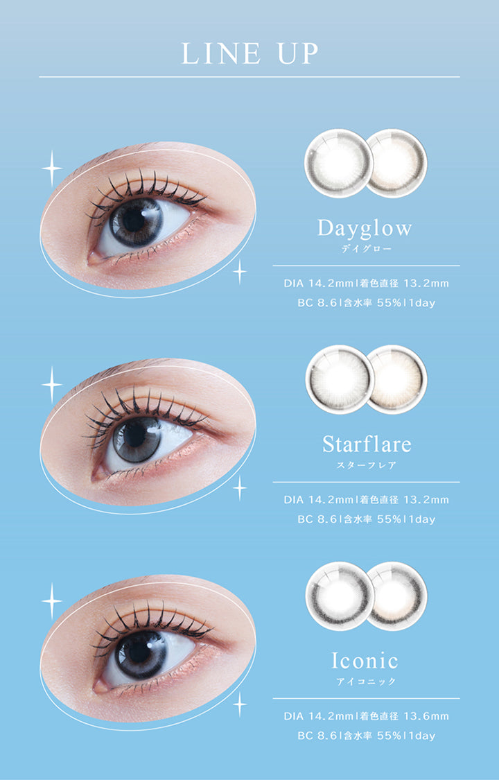 LINE UP, Dayglow, デイグロー, DIA 14.2mm, 着色直径 13.2mm, BC 8.61, 含水率 55%, 1day, Starflare, スターフレア, DIA 14.2mm, 着色直径 13.2mm, BC 8.61, 含水率 55%, 1day, Iconic, アイコニック, DIA 14.2mm, 着色直径 13.6mm, BC 8.61, 含水率 55%, 1day | eyestar アイスター 1day カラコン カラーコンタクト

