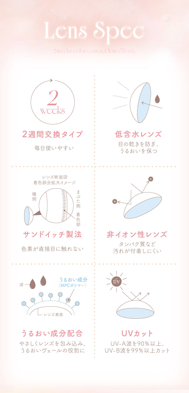 Lens Spec,2weeks,colorcontactlens,éRouge,2weeks,2週間交換タイプ,毎日使いやすい,低含水レンズ,目の乾きを防ぎ、,うるおいを保つ,レンズ断面図,着色部分拡大イメージ,瞳側,まぶた側 着色部,サンドイッチ製法,色素が直接目に触れない,非イオン性レンズ,タンパク質など,汚れが付着しにくい,うるおい成分,(Mpcポリマー),涙,レンズ表面,うるおい成分配合,やさしくレンズを包み込み、,うるおいヴェールの役割に,Uvカット,Uv-A波を90%以上、,Uv-B波を99%以上カット|エルージュ(eRouge) 2weeks カラコン カラーコンタクト