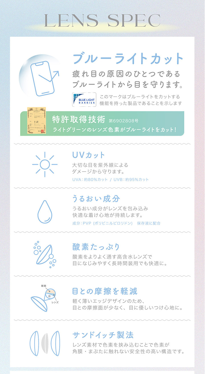 Lens Spec, ブルーライトカット, 疲れ目の原因のひとつであるブルーライトカットから目を守ります。, このマークはブルーライトをカットする機能を持った製品であることを示します。, 独自の新技術でさらに改良！, より自然に馴染む透明感のあるレンズに！, UVカット, 大切な目を紫外線によるダメージから守ります。, UVA：約80%カット UVB：約95%カット, うるおい成分, うるおい成分がレンズを包み込み快適なつけ心地が持続します。, 成分：PVP 保存液に配合, 酸素たっぷり, 酸素をよりよく通す高含水レンズで目になじみやすく長時間装用でも快適に。, 目との摩擦を軽減, 軽く薄いエッジデザインのため、目との摩擦面が少なく、目にやさしい着け心地に。, サンドイッチ製法, レンズ素材で色素を挟み込むことで色素が角膜・瞼に触れない安全性の高い構造です。 | キャンディーマジックワンデー Candy Magic 1day 1day カラコン カラーコンタクト
