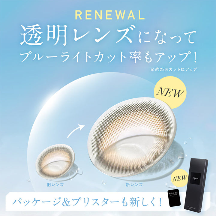 Renewal, 透明レンズになってブルーライトカット率もアップ！※約25%にアップ, パッケージ＆ブリスターも新しく！より洗練されたデザインへアップデート！ | レヴィアブルーライトバリアワンデーカラー REVIA Blue Light Barrier 1DAY COLOR カラコン カラーコンタクト
