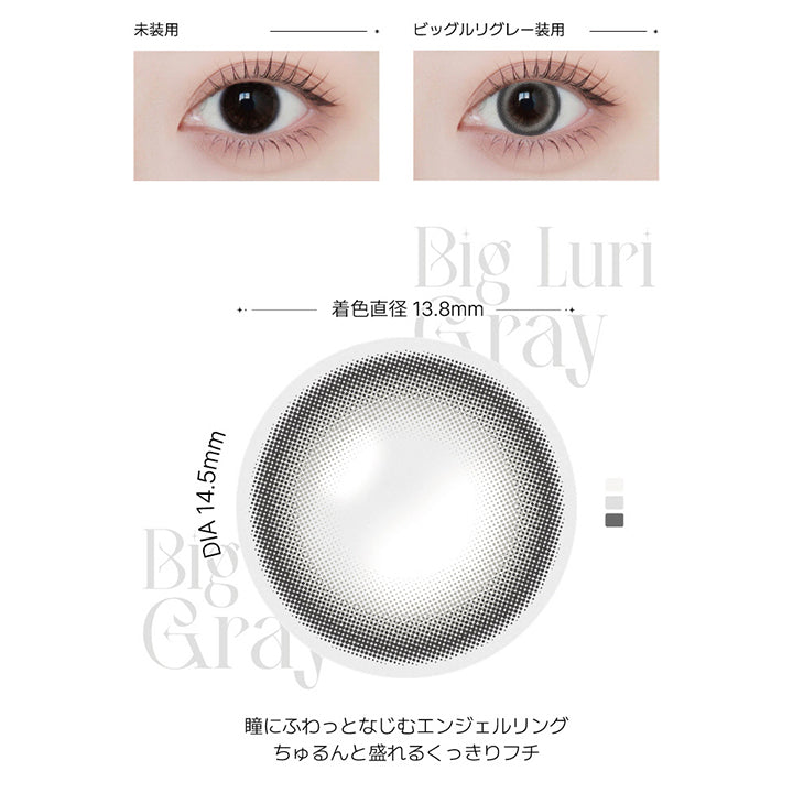 ビッグルリグレー(Big Luri Gray)の紹介,上品な可愛さそのまま、盛れ感アップ。ワンデー人気No.1 ルリグレーの大きめサイズ。もっと自分を魅力的に見せたい日に。,瞳にふわっとなじむエンジェルリング。ちゅるんと盛れるくっきりフチ, 1month DIA14.5mm GDIA13.8mm BC8.6mm ,装用比較画像,レンズ画像 | アンジェリーク Angelique monthly カラコン カラーコンタクト
