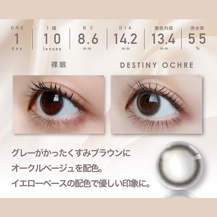 デスティニーオークル(Destiny Ochre) 1day 1箱10枚入り DIA14.2mm 着色直径13.4mm BC8.6mm 含水率55.0% UVカット Moist in,フチ：グレイッシュブラウン,ベース：オークルベージュ,装用比較,グレーがかったくすみブラウンにオークルベージュを配色。イエローベースの配色で優しい印象に。 | ピエナージュ Pienage 1day カラコン カラーコンタクト
