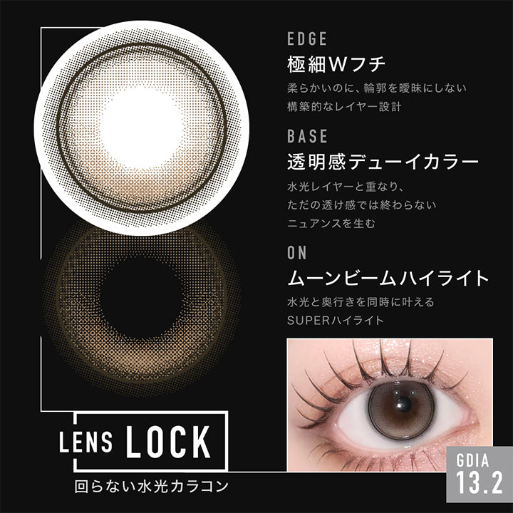 Beyond shade(ビヨンドシェイド) Lens Design,Edge 極細Wフチ：柔らかいのに、輪郭をあいまいにしない構築的なレイヤー設計,Base 透明感デューイカラー：水光レイヤーと重なり、ただの透け感では終わらないニュアンスを生む,On ムーンビームハイライト：水光と奥行きを同時に叶えるSuperハイライト,GDIA13.2mm,Lens Lock 回らない水光カラコン | アザー Øther 1day カラコン カラーコンタクト
