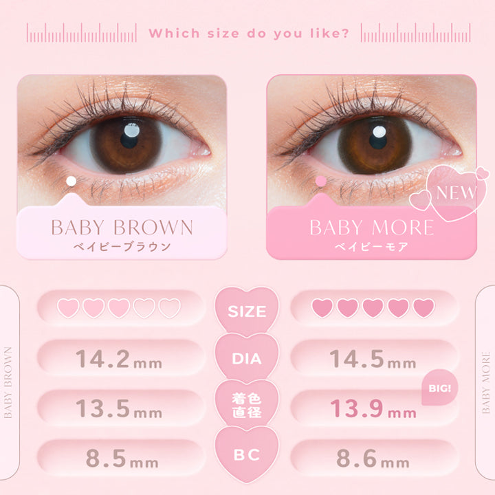 which size do you like?,ベイビーモア(Baby More) DIA14.5mm 着色直径13.9mm BC8.6mm,ベイビーブラウン(Baby Brown) DIA14.2mm 着色直径13.5mm BC8.5mm,※ベイビーモアワンデーはチューズミーマンスリーのベイビーモアとはデザインスペックが異なります。ご使用の際はご注意ください。 | チューズミー Chu's Me 1day カラコン カラーコンタクト
