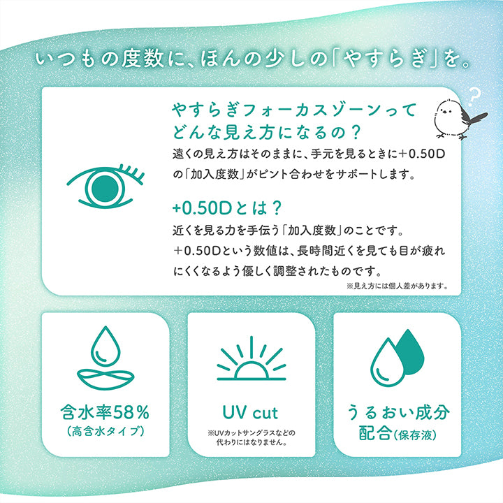 いつもの度数に、ほんの少しの「やすらぎ」を。,やすらぎフォーカスゾーンってどんな見え方になるの?：遠くの見え方はそのままに、手元を見るときに+0.50Dの「加入度数」がピント合わせをサポートします。,+0.50Dとは?：近くを見る力を手伝う「加入度数」のことです。+0.50Dという数値は、長時間近くを見ても目が疲れにくくなるよう優しく調整されたものです。※見え方には個人差があります。,含水率58%：やわらかでしっとりとした装用感の、目に馴染みやすい高含水レンズです。素材に含まれる水分を通して、目の健康に大切な酸素を多く届けます。,UV cut：シミ·シワ·たるみの原因となるUV-A波、眼障害の原因となるUV-B波をカットし、目の健康を守ります。※UVカットサングラスなどの代わりにはなりません。,うるおい成分配合(保存液)：より自然で快適なつけ心地を実現し、長時間使用した際の乾燥感を軽減します。 | やすらぎワンデー yasuragi 1day クリアコンタクト クリアレンズ
