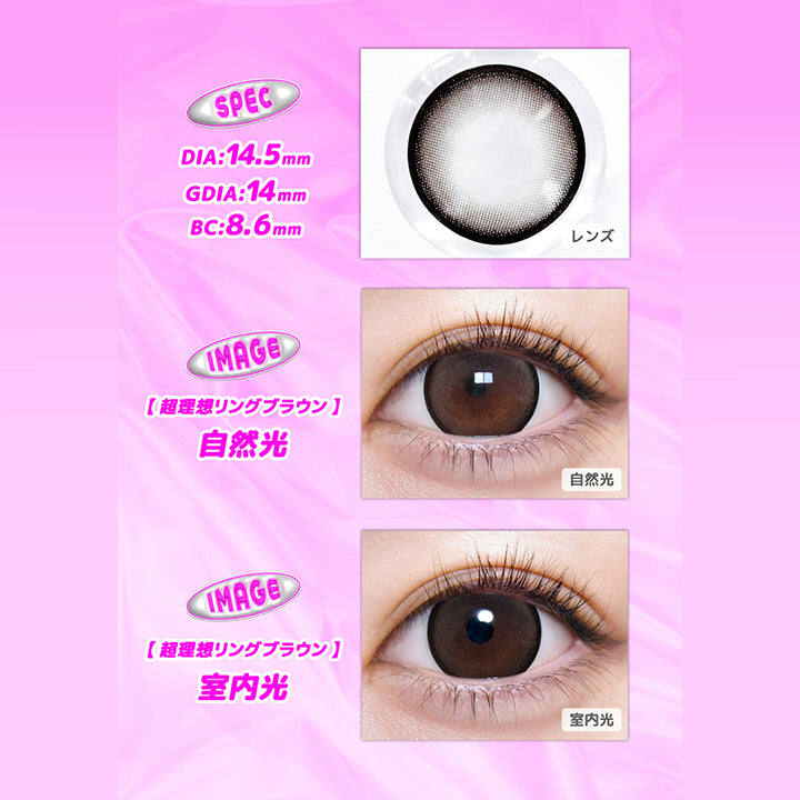 超理想リングブラウン(Cho Riso Ring Brown),spec:DIA14.5mm / GDIA14mm / BC8.6mm,装用比較 自然光 / 室内光 | 超モテコンウルトラマンスリー Motecon Ultra Monthly 1month カラコン カラーコンタクト
