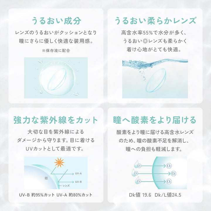 うるおい成分：レンズのうるおいがクッションとなり瞳にさらに優しく快適な装用感。※保存液に配合, うるおい柔らかレンズ：高含水率55%で水分が多く、うるおい◎レンズも柔らかく着け心地がとても快適。, 強力な紫外線をカット：大切な目を紫外線によるダメージから守ります。目に着けるUVカットとして最適です。, UV-B約95%カット UV-A約75%カット, 瞳へ酸素をより届ける：酸素をより瞳に届ける高含水レンズのため、瞳の酸素不足を解消し、瞳への負担も軽減します。 | レヴィアクリアワンデー(ReVIA CLEAR 1day)高含水 30枚 コンタクト クリアコンタクト
