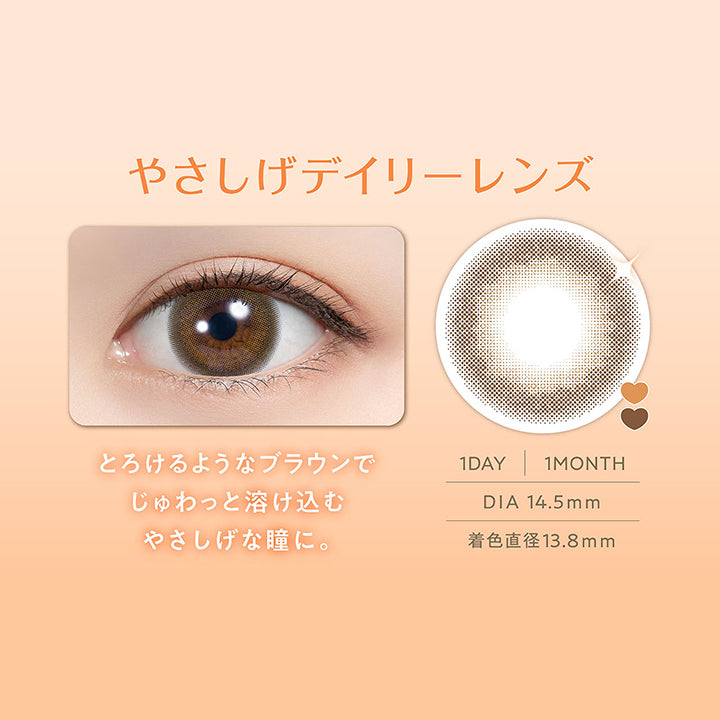 メルティバター(Melty Butter) DIA14.5mm 着色直径13.8mm 1day 1month,多幸感ブラウン × ふんわり盛れ,やさしげデイリーレンズ,とろけるようなブラウンでじゅわっと溶け込むやさしげな瞳に。,装用画像,レンズ画像 | フェリアモワンデー feliamo 1day カラコン カラーコンタクト
