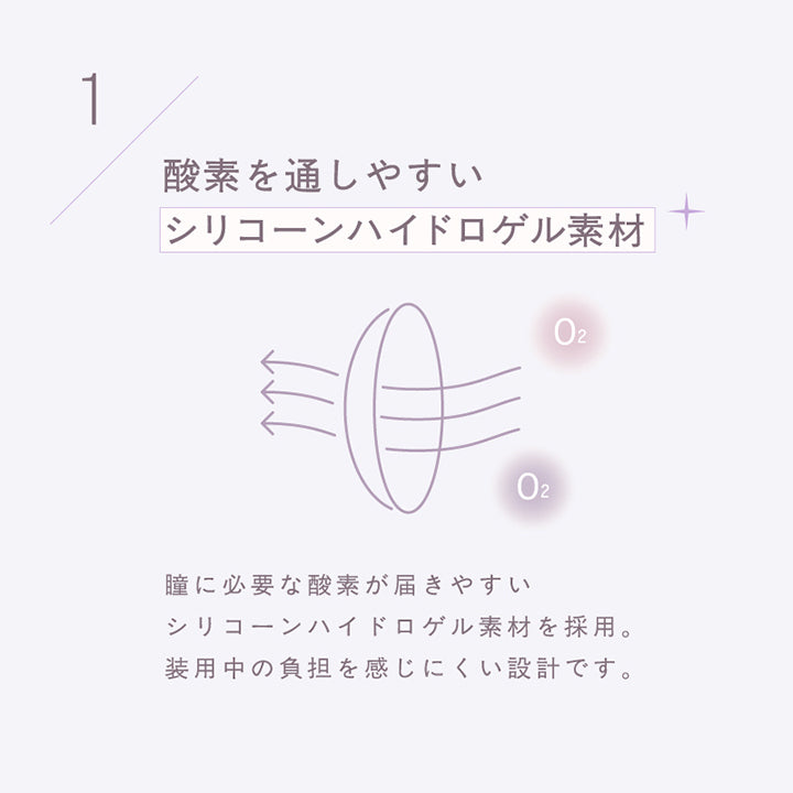 1,酸素を通しやすい,シリコーンハイドロゲル素材,瞳に必要な酸素が届きやすい,シリコーンハイドロゲル素材を採用。 装用中の負担を感じにくい設計です。|トパーズシリコーンハイドロゲル(TOPARDS SILICONE HYDROGEL) 1day カラコン カラーコンタクト